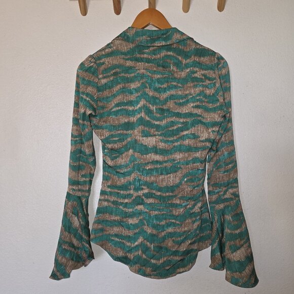 Diane von Furstenberg DVF XS Blouse Green Brown Animal Print Bell Sleeve Button - Picture 6 of 14